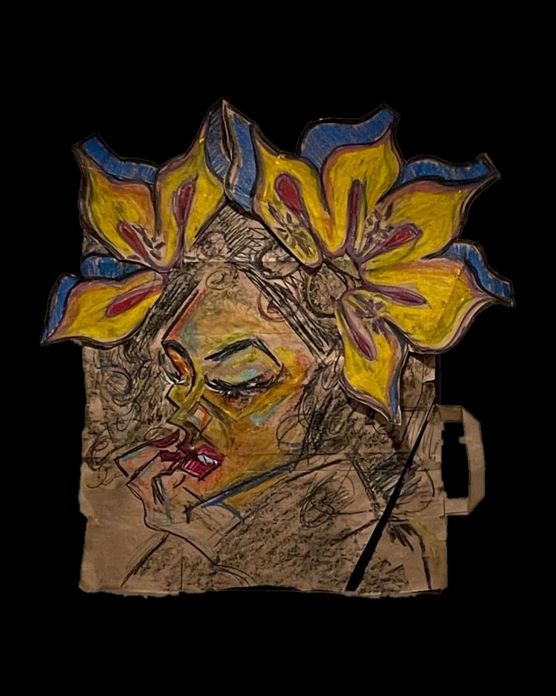 birthdaybitchgirl(belated): a face crowned with cut petals, drawn on a paper bag and cut to its own edge