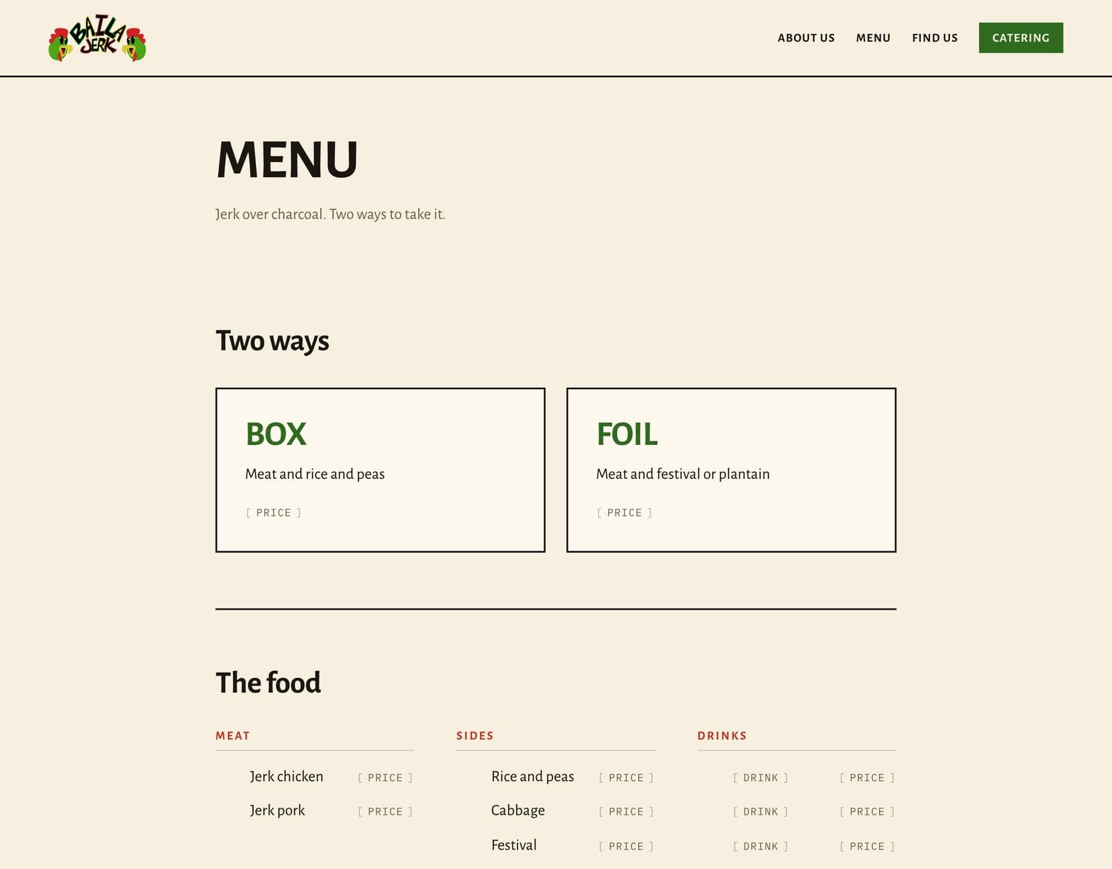The Baila Jerk menu: jerk chicken and pork, box or foil, every price left as a bracketed placeholder.