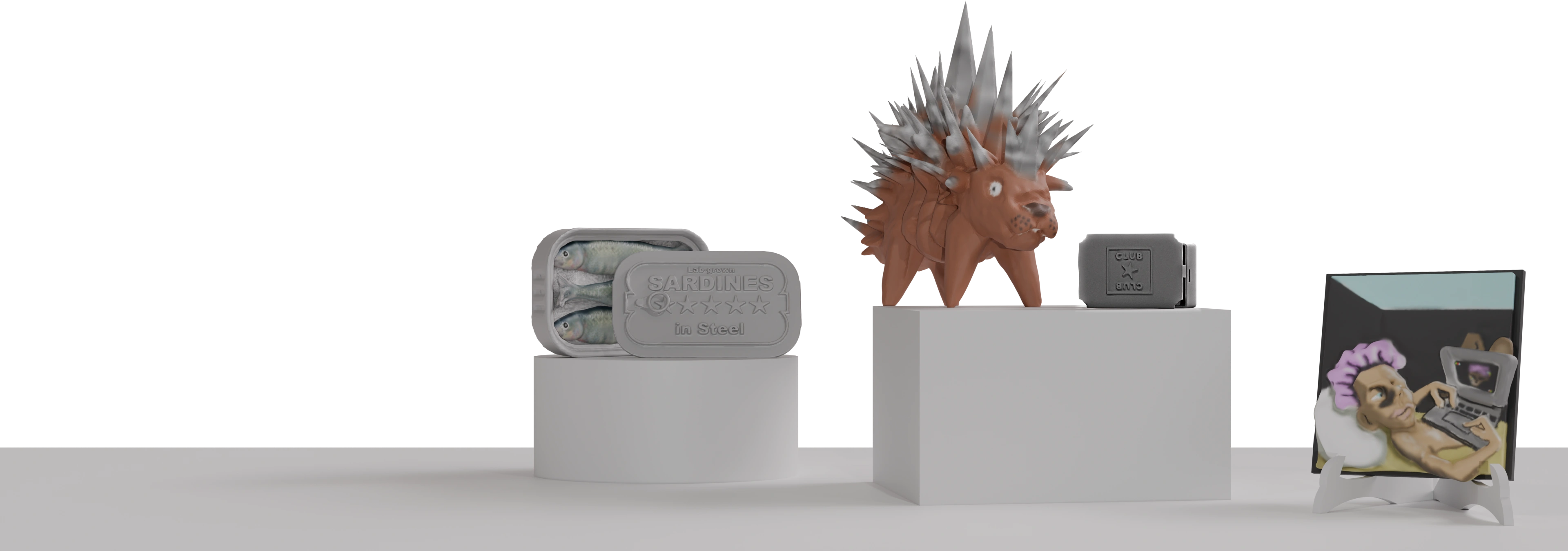 The bundle: a sardine buckle, a spiked dog and a television tile, set out on plinths
